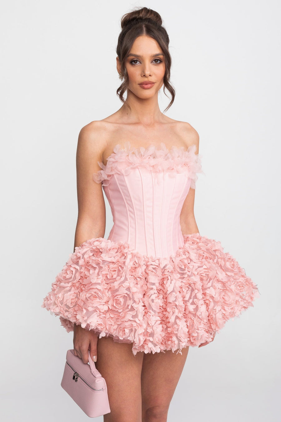3D Gül Kurusu Aplike Etek Detaylı Askısız Korse Mini Elbise - Pembe