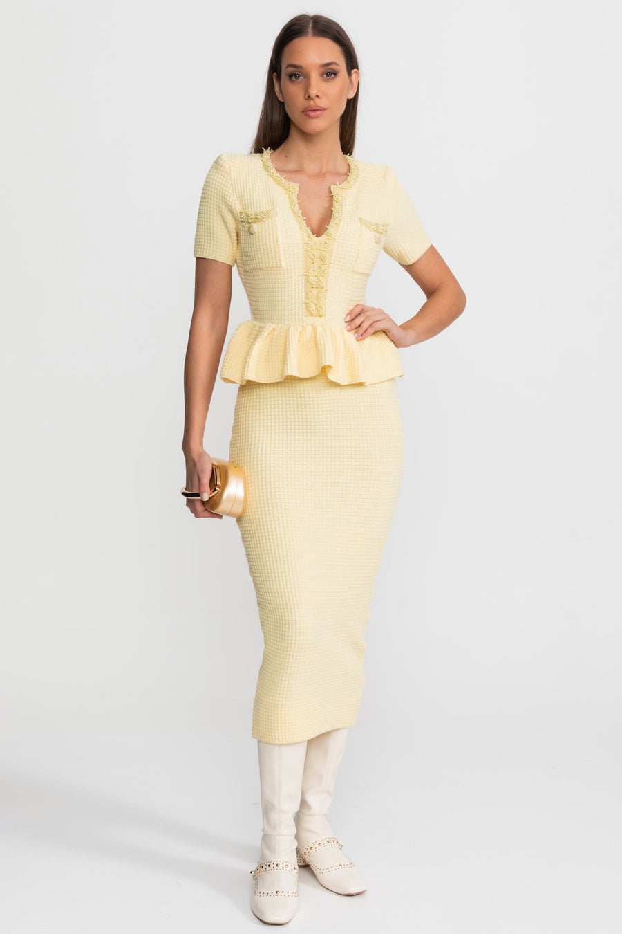 Peplum Bel Detayı Dokulu Triko Midi Elbise - Sarı