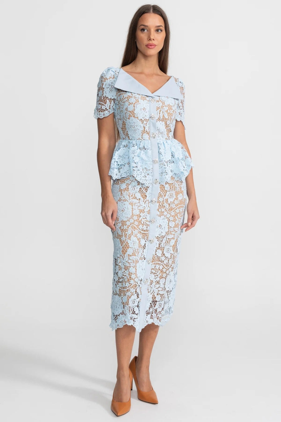 Peplum Bel ve Saten Yaka Detaylı Dantel Midi Elbise - Bebe Mavisi