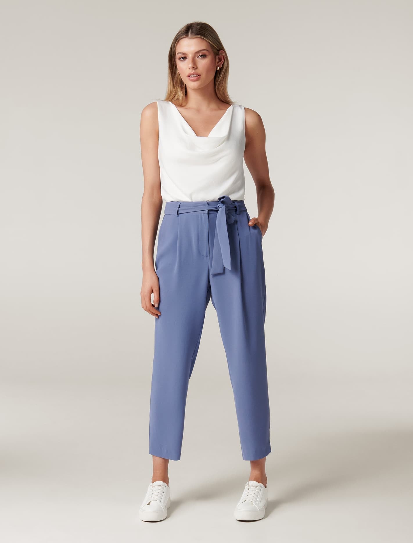 Penny Petite Bağlamalı-Waist Dar Paça Pantolon Ofis Stili Mavi