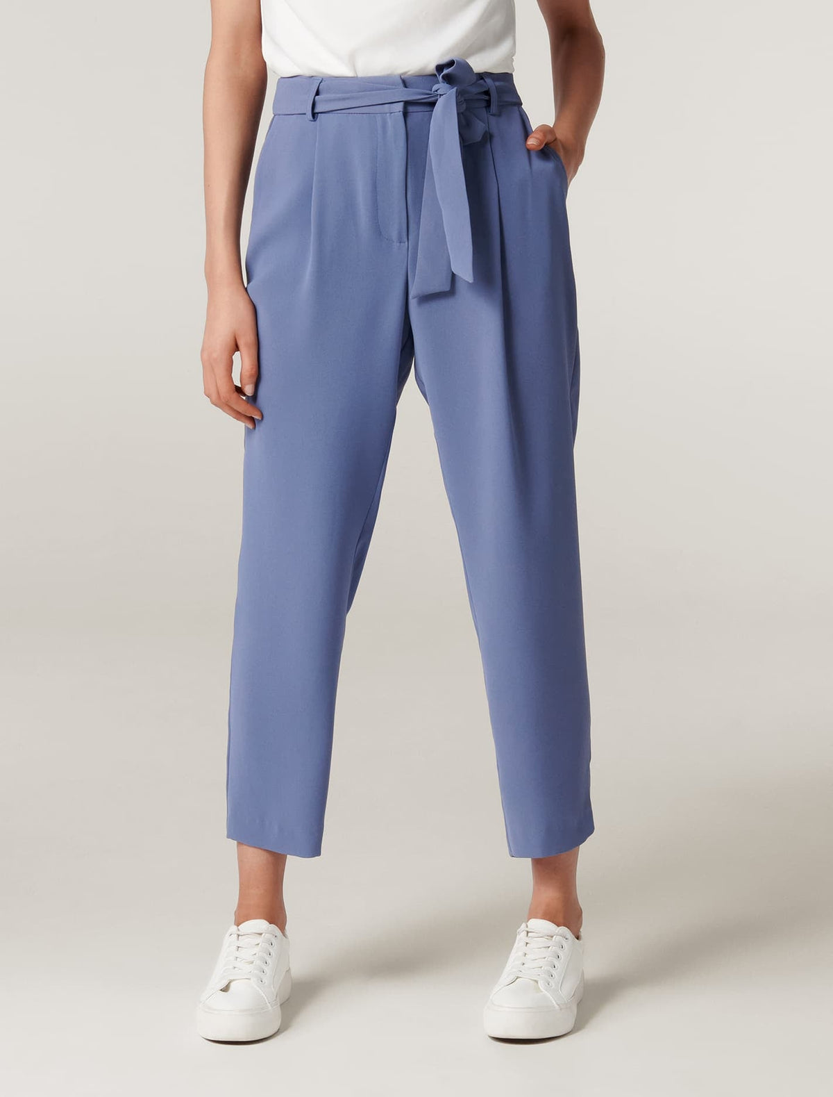 Penny Petite Bağlamalı-Waist Dar Paça Pantolon Ofis Stili Mavi