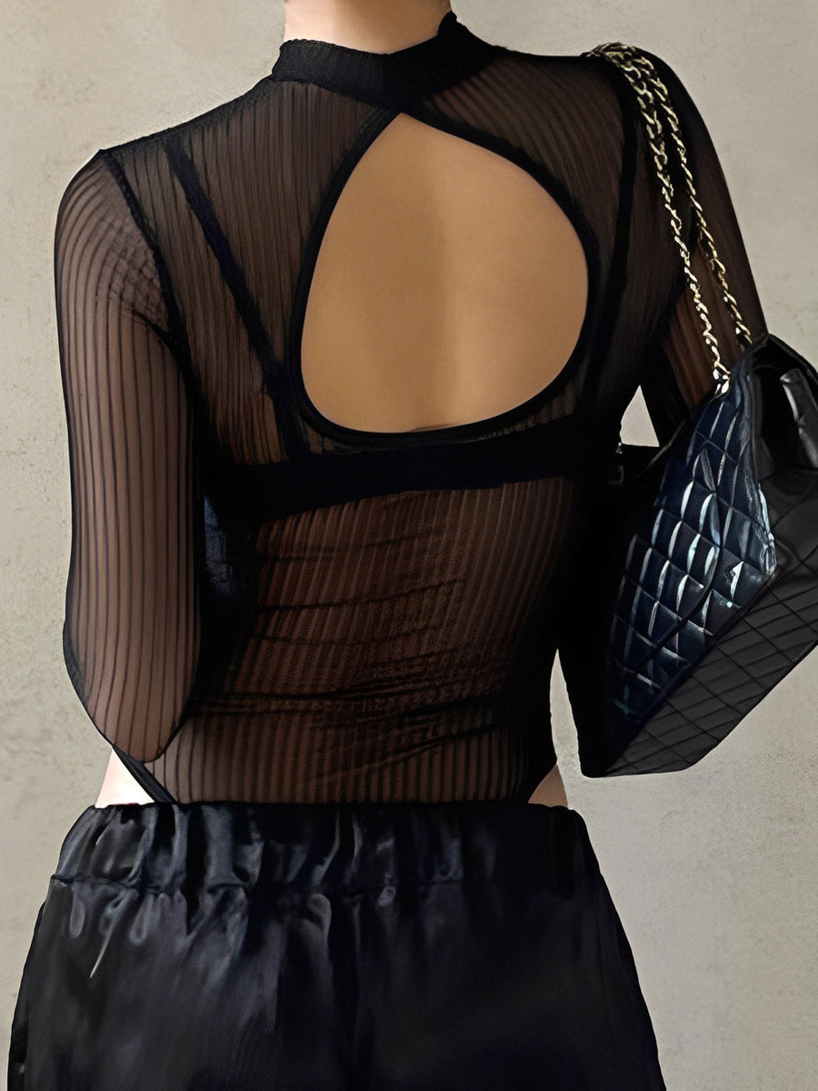 Şeffaf File Açık Sırtlı Kesikli Bodysuit