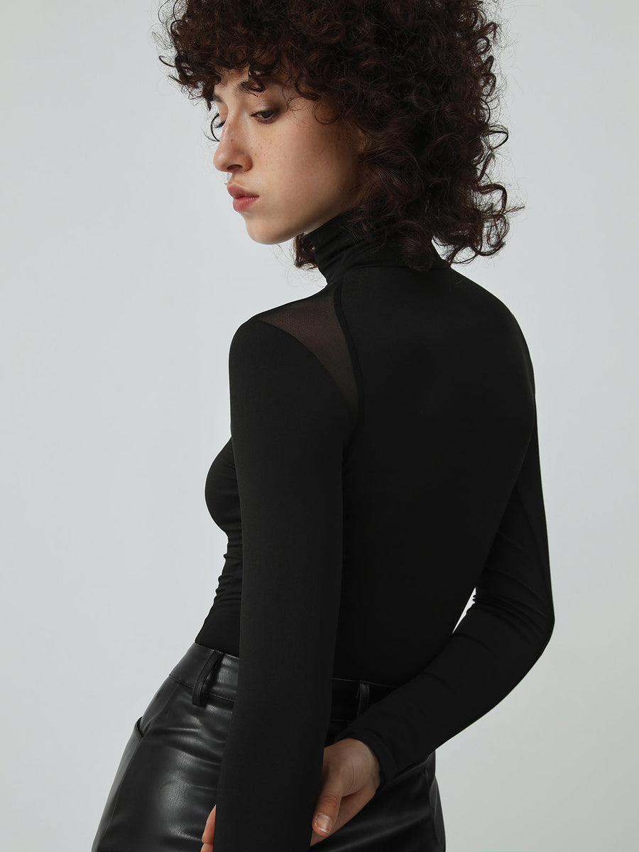 Patchwork Fileli Uzun Kollu Bodysuit