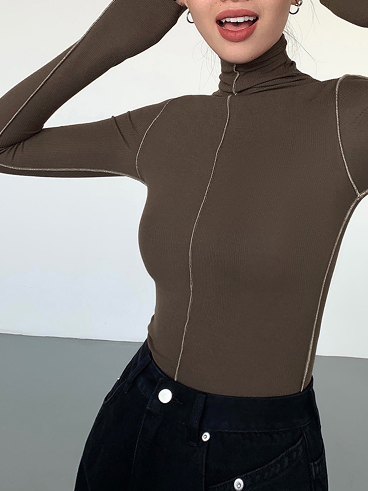 Slinky Turtleneck Kontrast Kesimli Ribana Örgü Gömlek