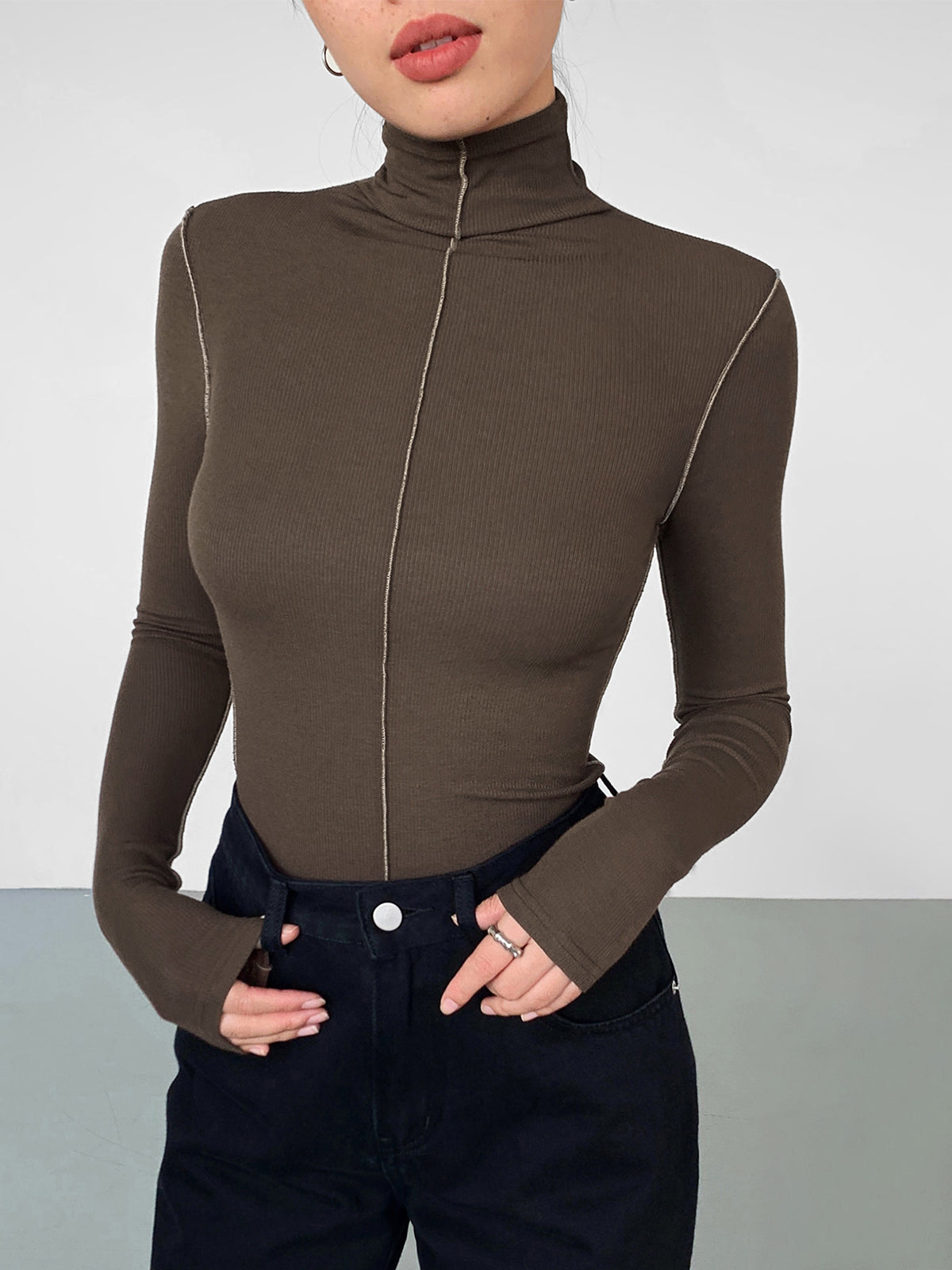 Slinky Turtleneck Kontrast Kesimli Ribana Örgü Gömlek
