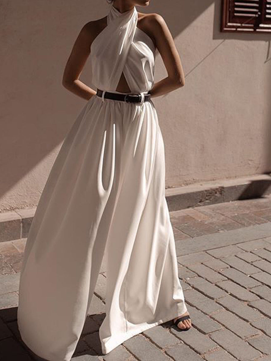 Criss Cross Halter Sırtı Açık Tulum Kemersiz