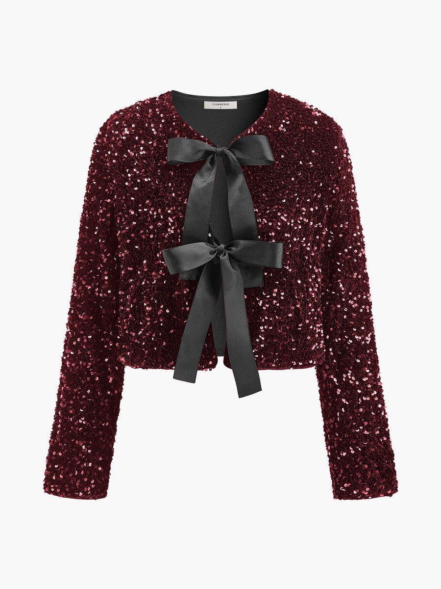 Payetli Kadife Fiyonklu Blazer