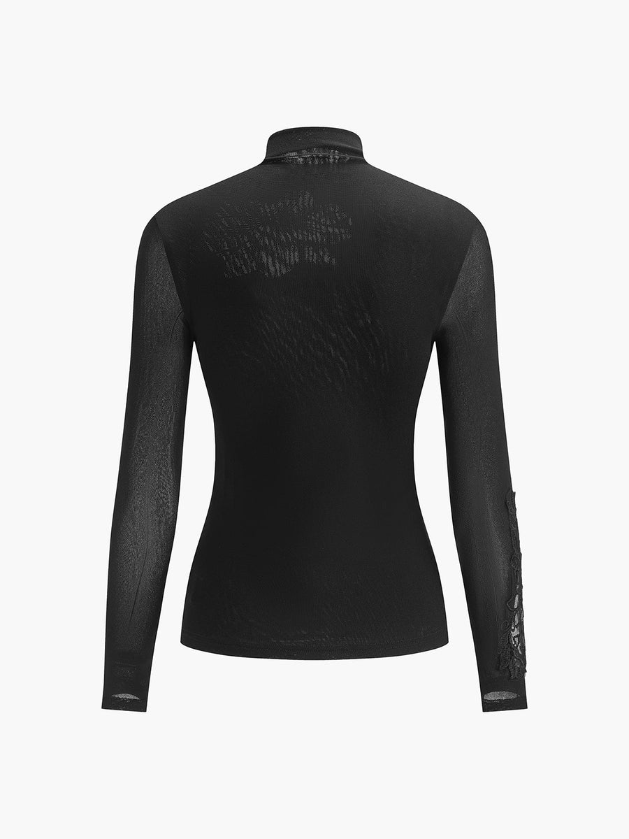 Yarı Şeffaf File Çiçekli Slim Jersey Üst