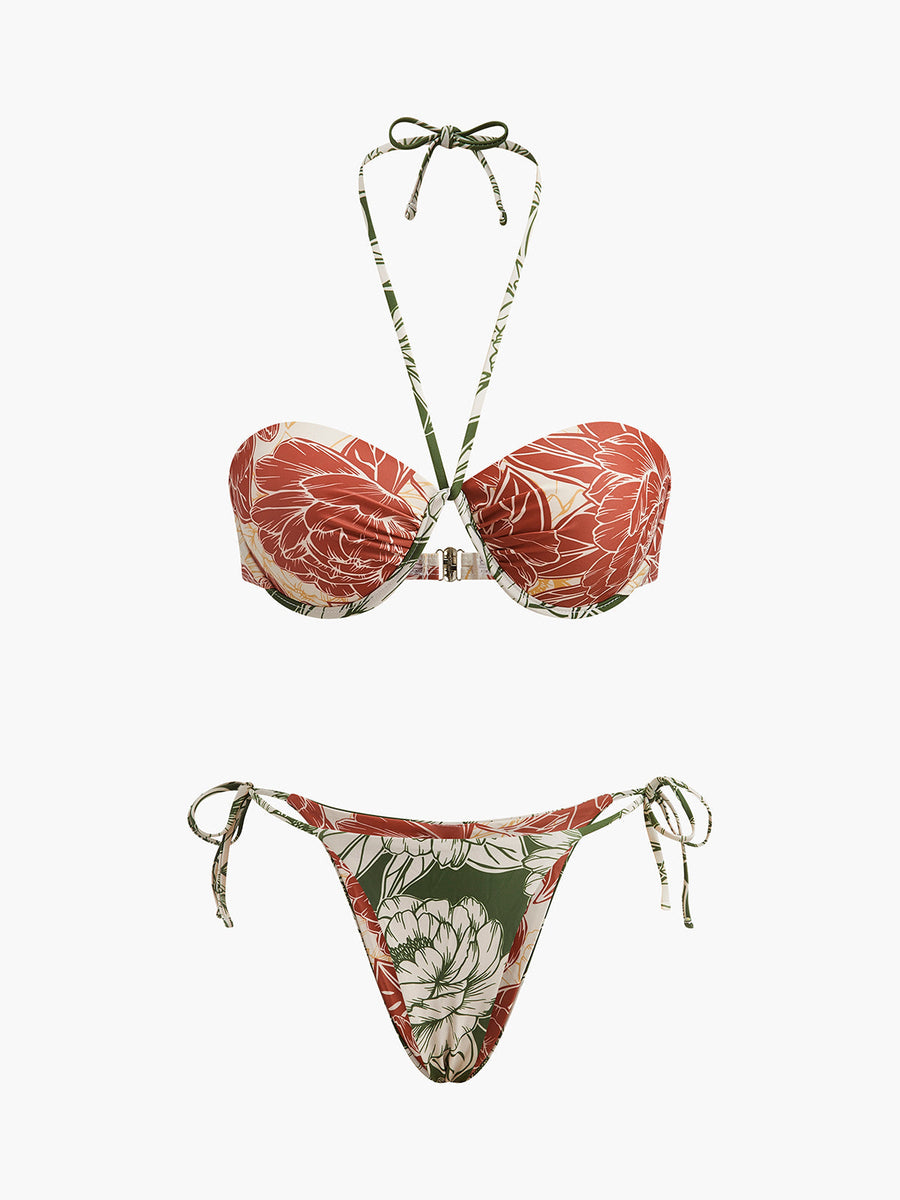 Bağcıklı Yan Etekli Çiçekli Bikini Takımı