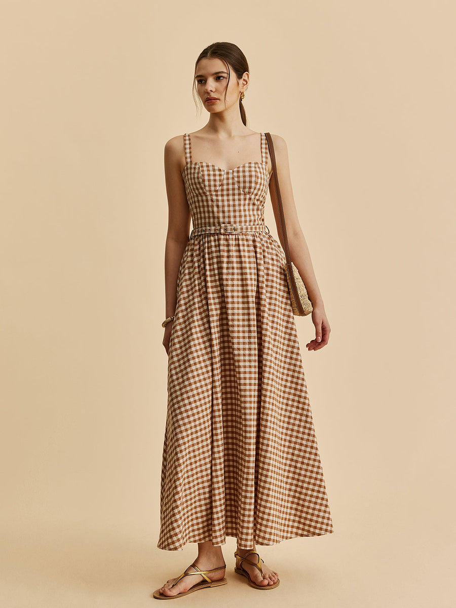 Gingham Kemerli Büstiyer Elbise