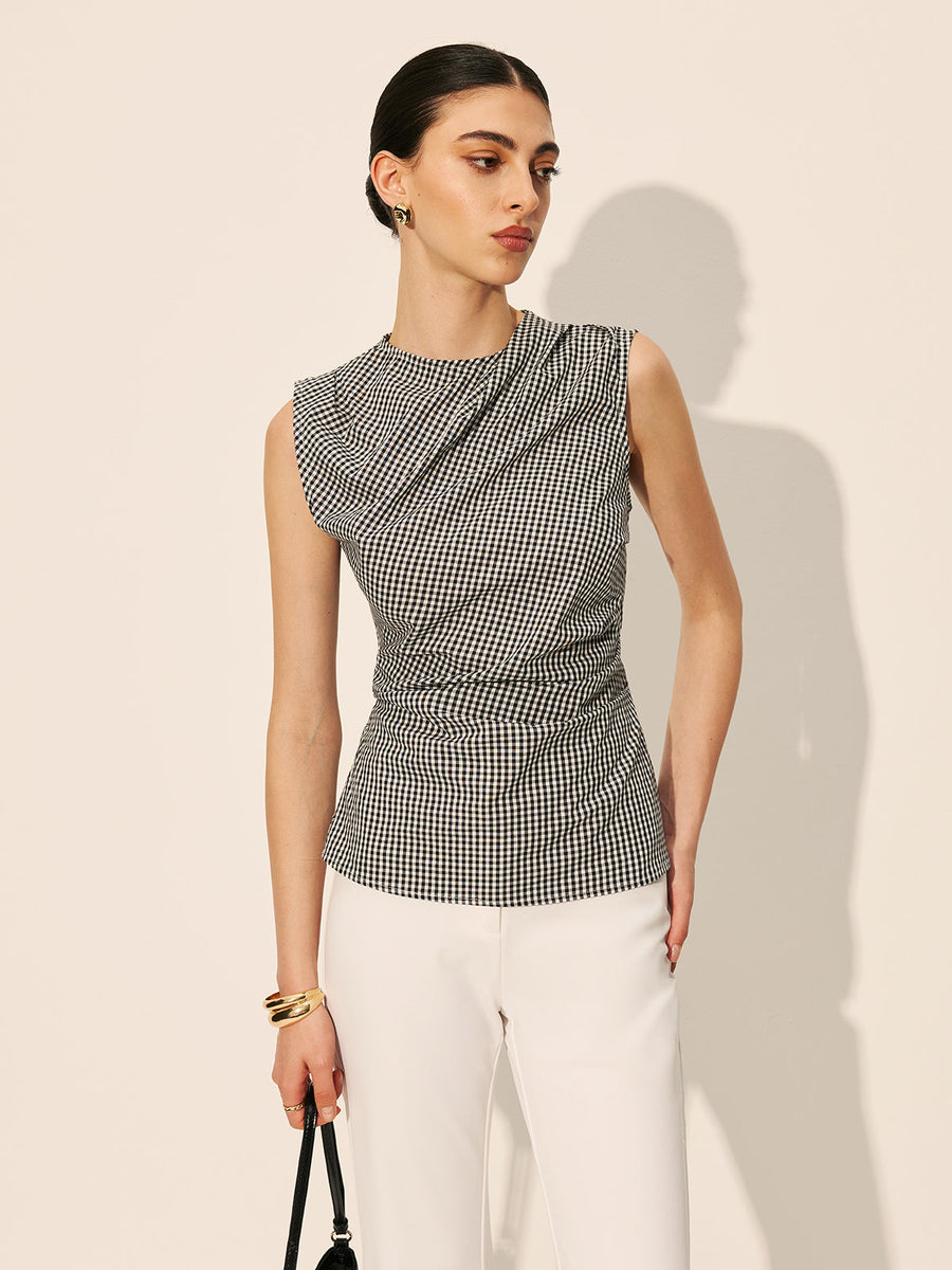 Gingham Büzgülü Kolsuz Üst