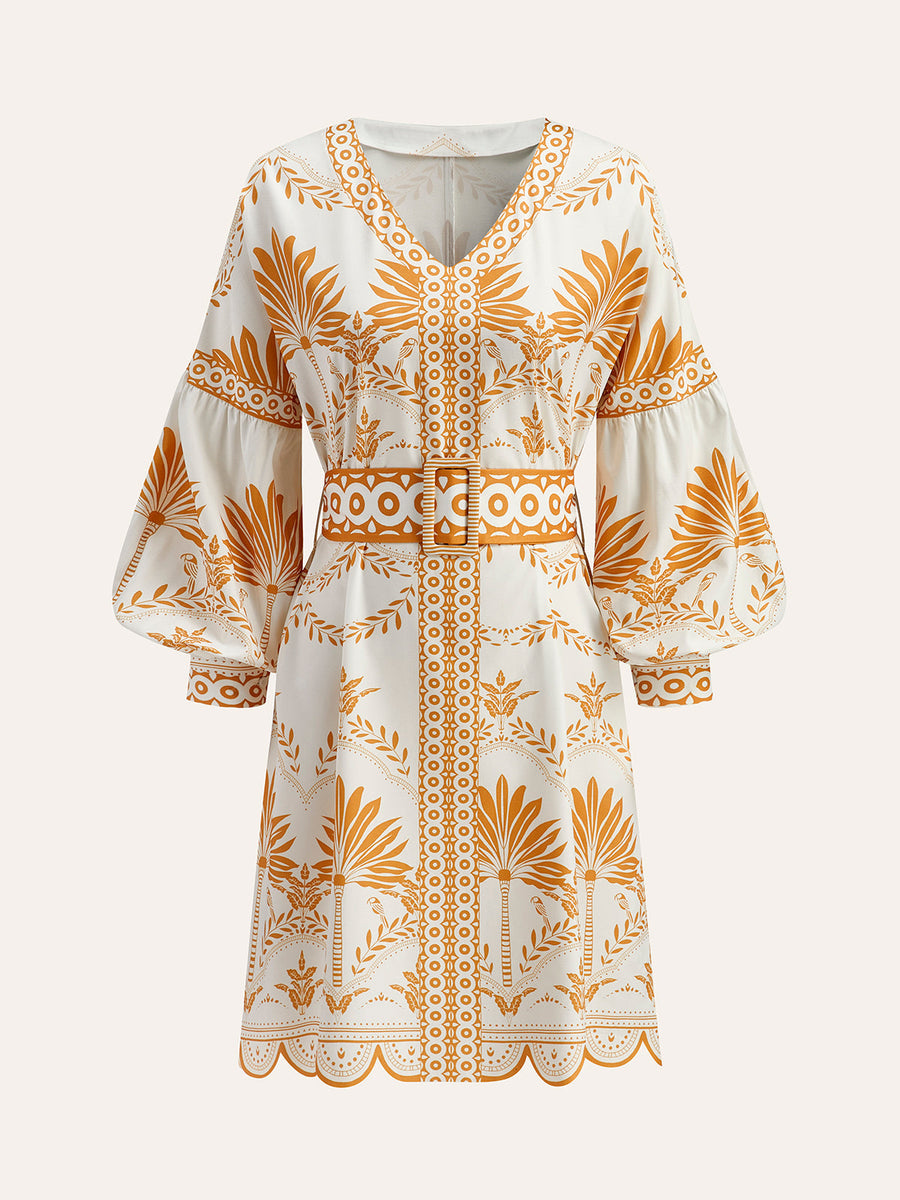 Boho Desenli V Yaka Kemerli Elbise