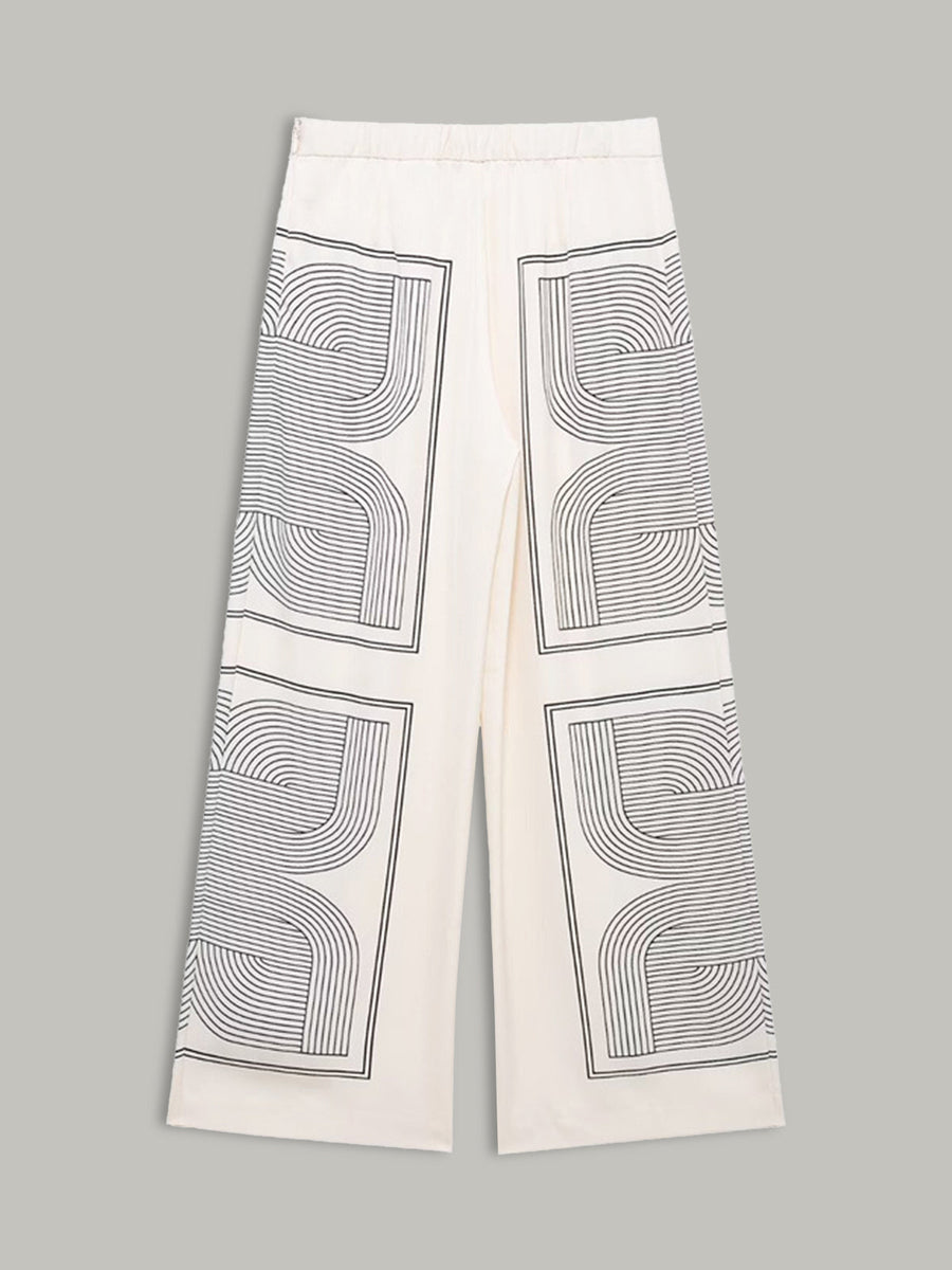 Orta Bel Geometrik Desenli Geniş Paça Pantolon