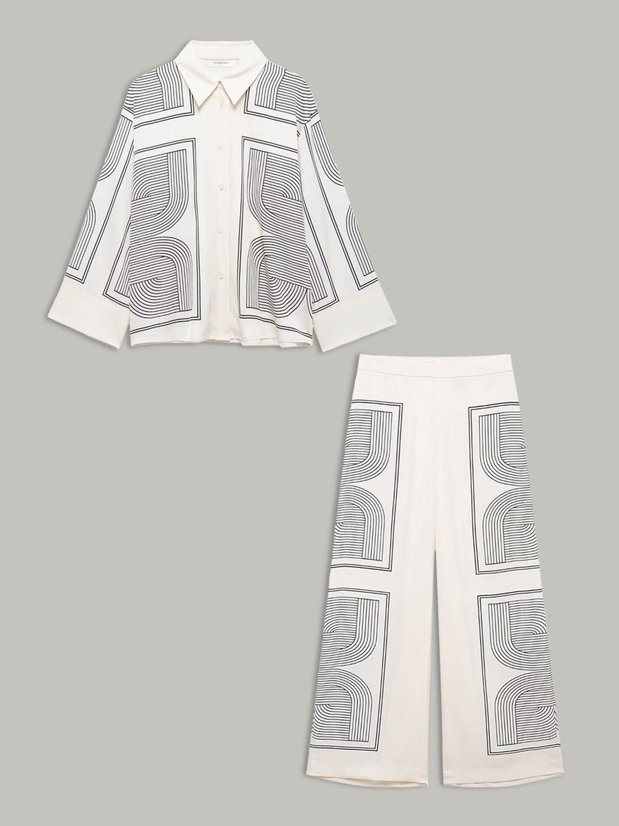 Orta Bel Geometrik Desenli Geniş Paça Pantolon