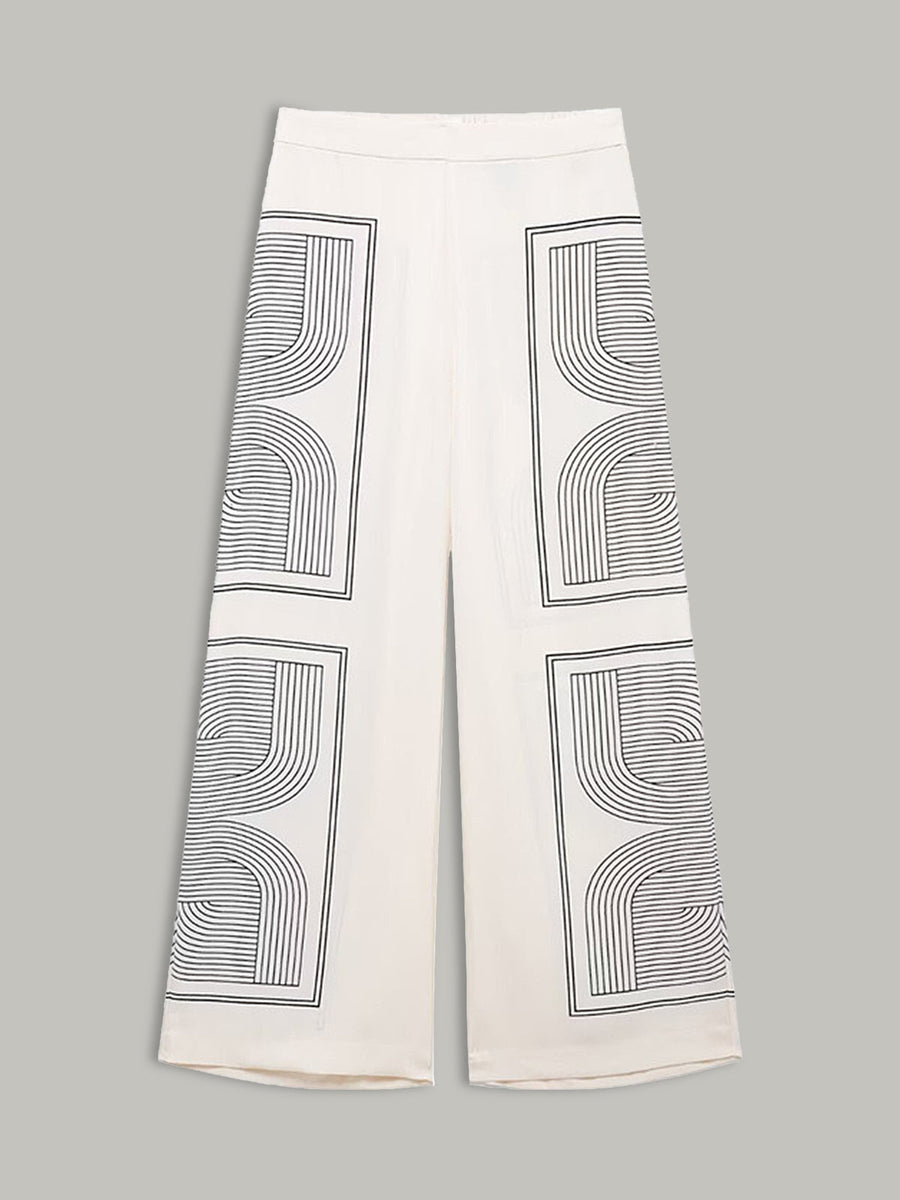 Orta Bel Geometrik Desenli Geniş Paça Pantolon