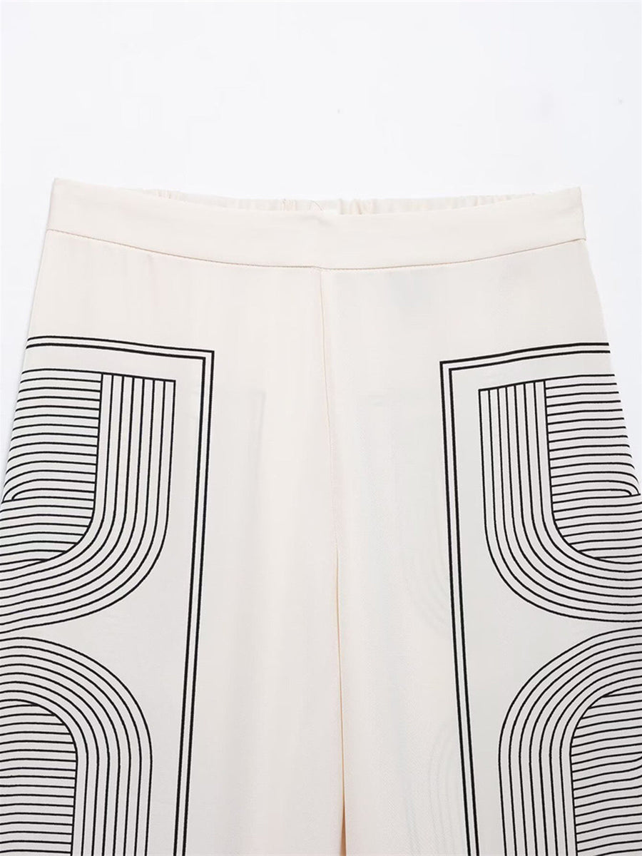 Orta Bel Geometrik Desenli Geniş Paça Pantolon