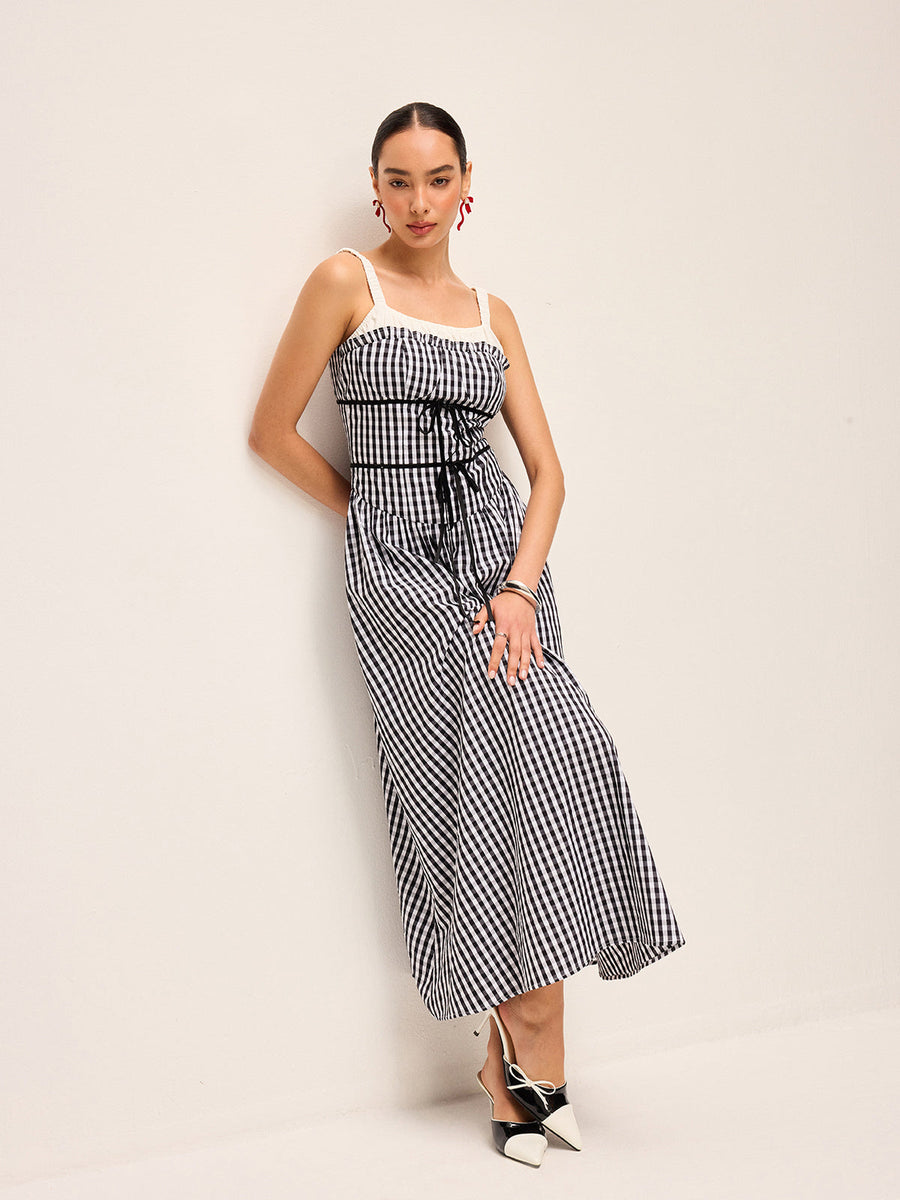 Gingham Korse Tarzı Midi Elbise