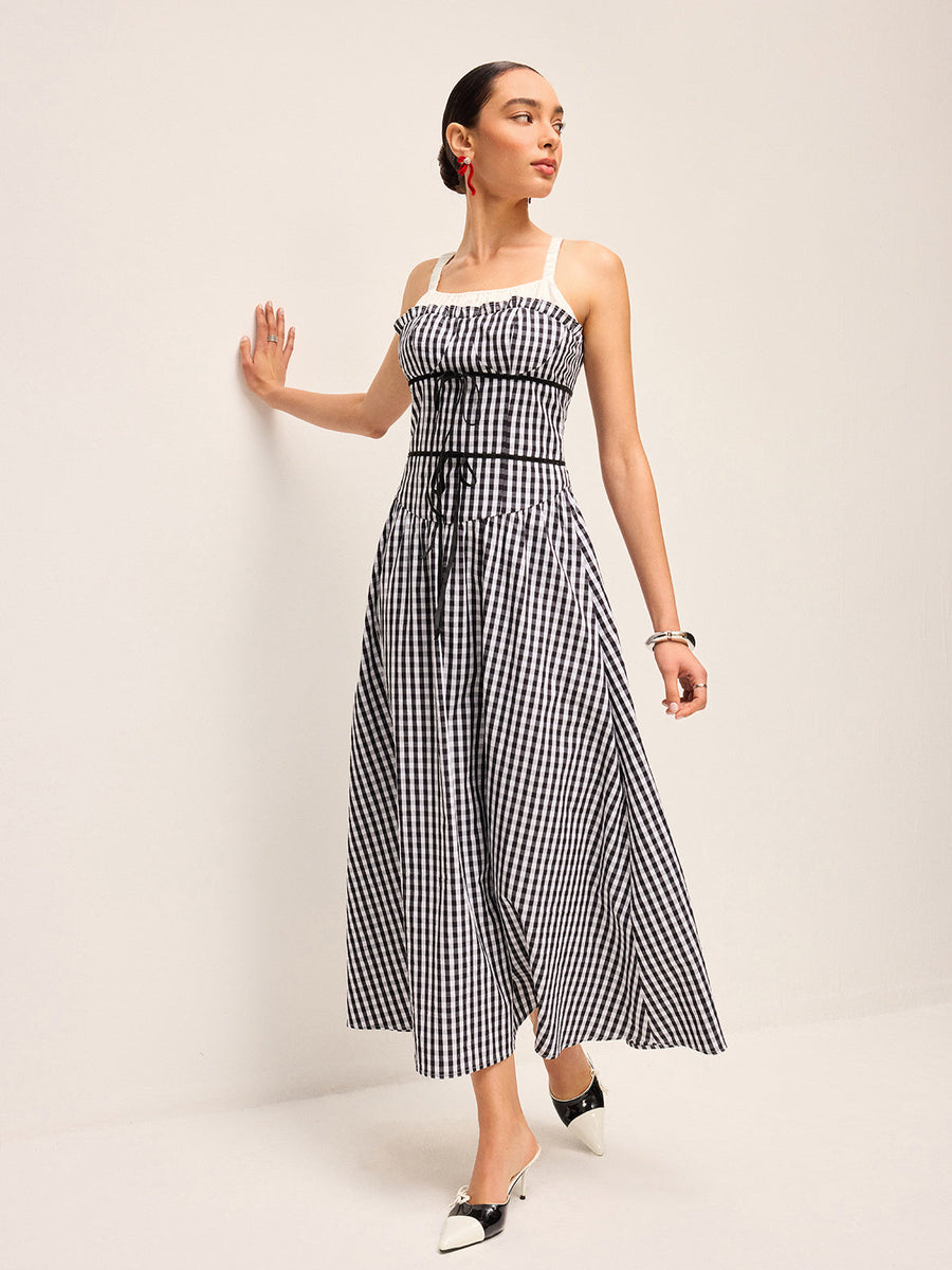 Gingham Korse Tarzı Midi Elbise