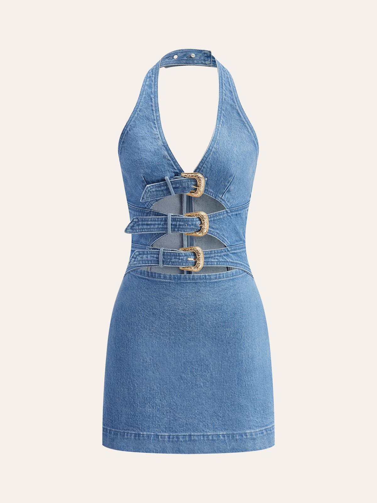 Halter Yaka Toka Detaylı Kot Elbise