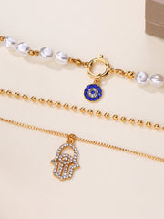 İnci ve Hamsa Eli Çok Katmanlı Kolye Seti