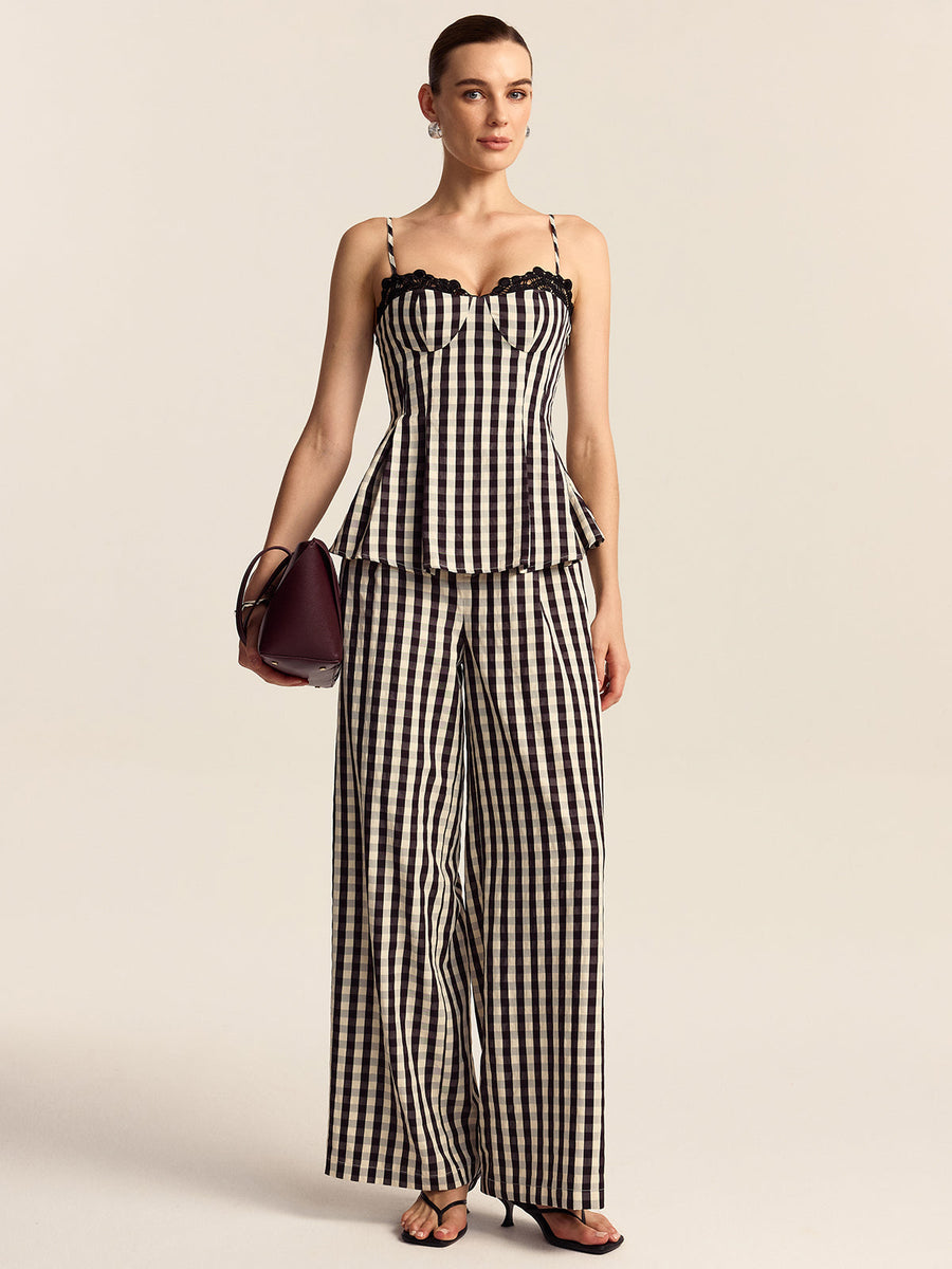 Dantel Kenarlı Gingham Spagetti Askılı Peplum Üst