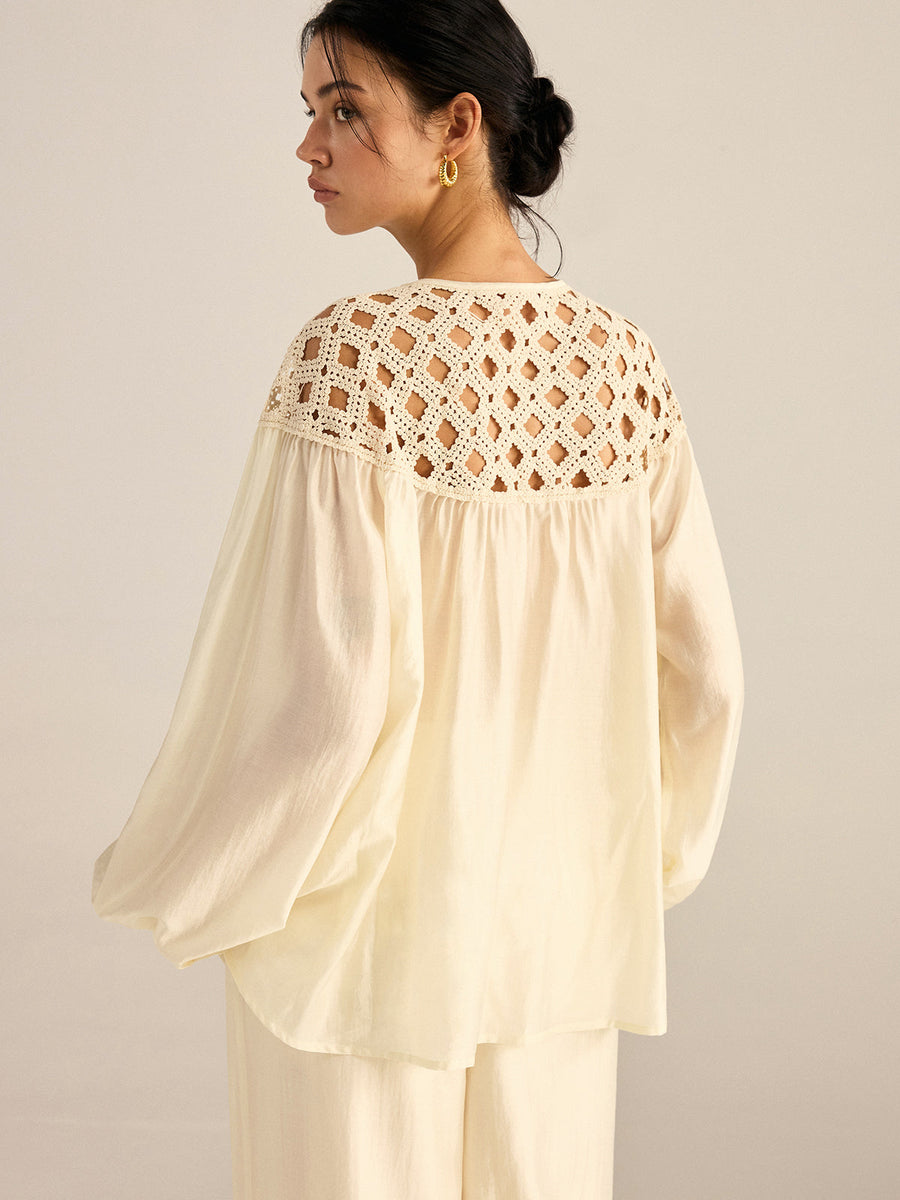 Yarı Şeffaf Tığ İşi Tencel Bluz