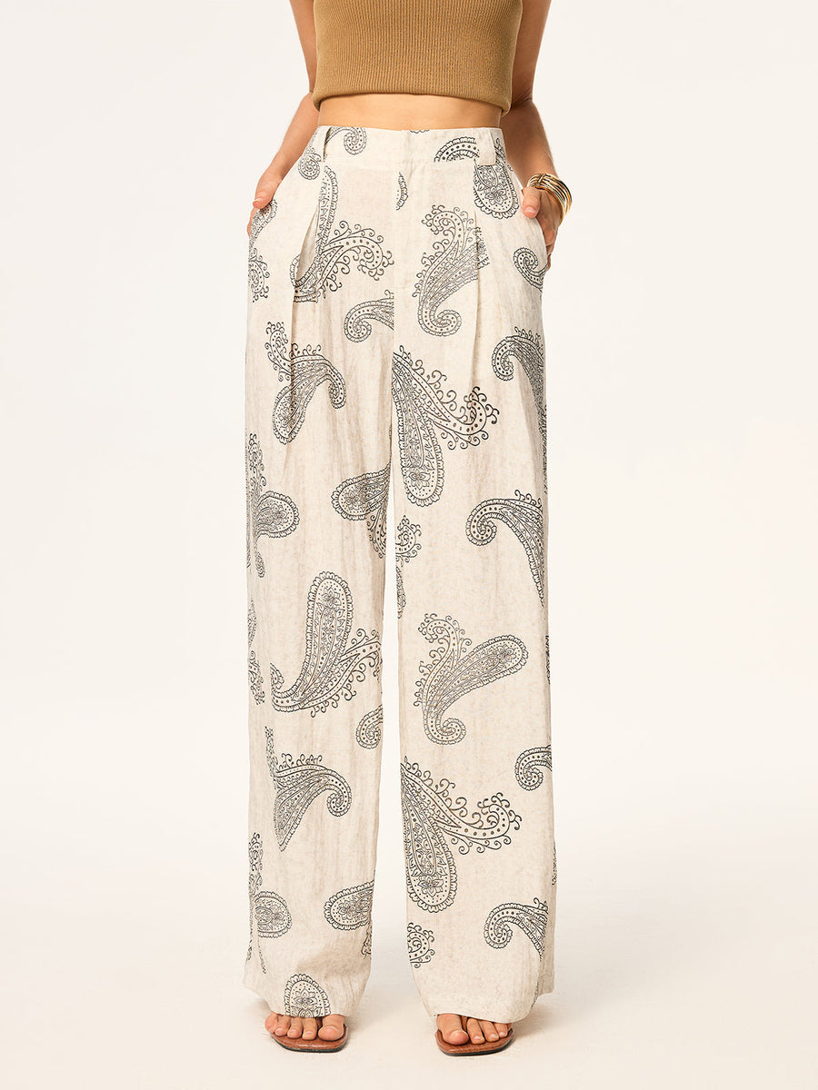 Kemersiz Boho Desenli Geniş Paça Pantolon