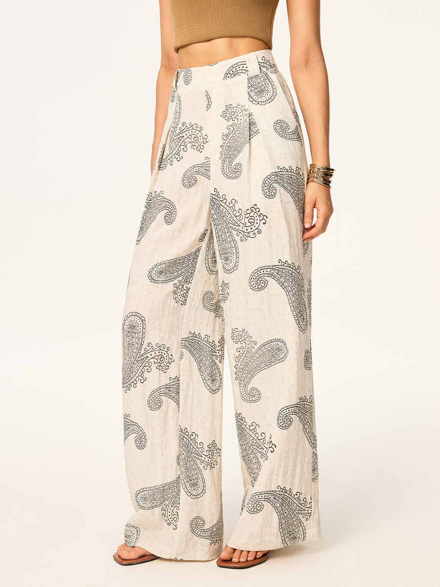 Kemersiz Boho Desenli Geniş Paça Pantolon