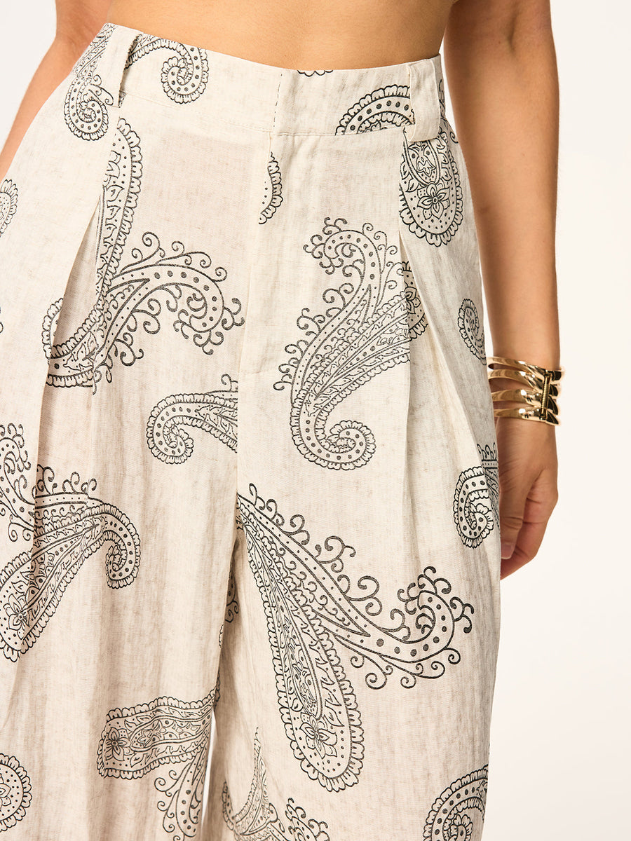 Kemersiz Boho Desenli Geniş Paça Pantolon