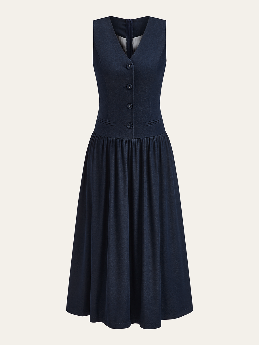 Denim V Yaka Dantelli Midi Elbise