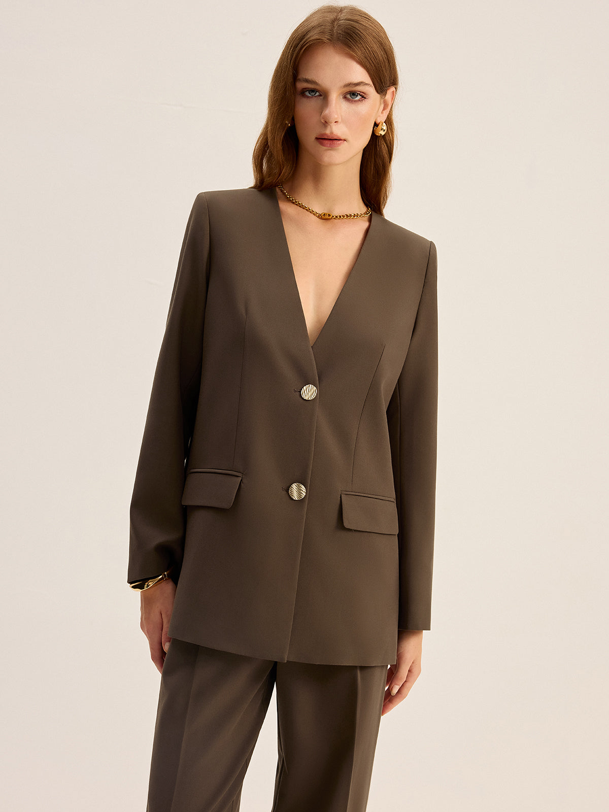 V Yaka Metal Düğmeli Blazer