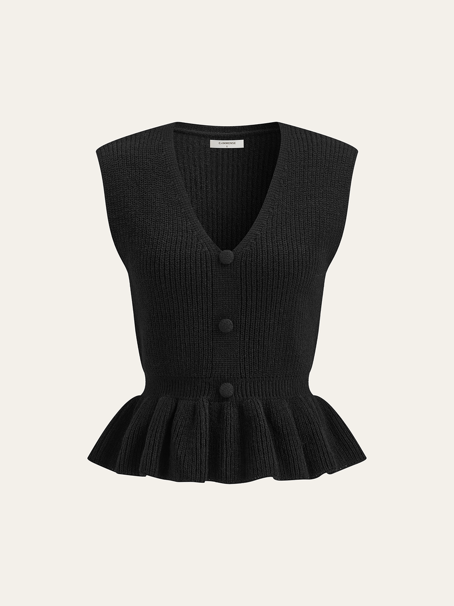 Düğmeli V Yaka Örgü Peplum Yelek