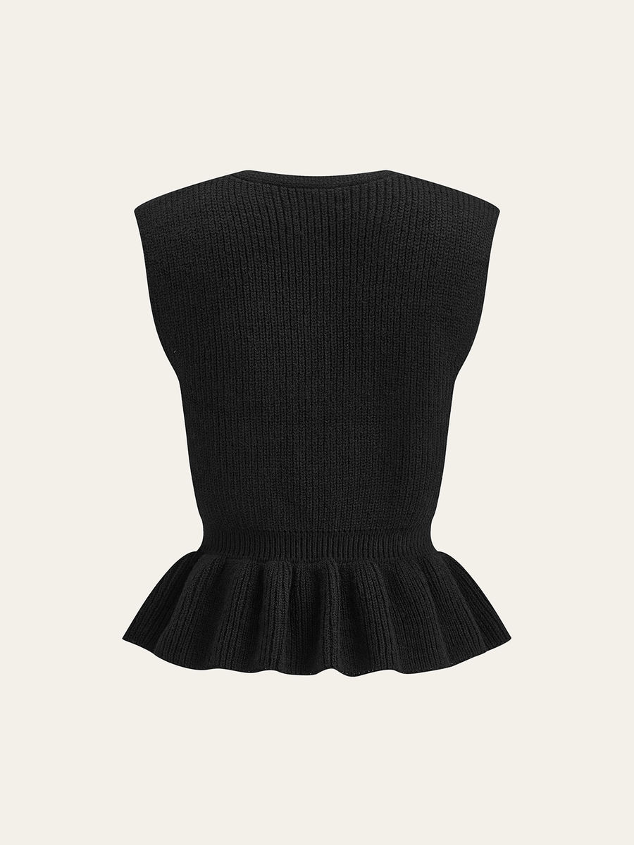 Düğmeli V Yaka Örgü Peplum Yelek
