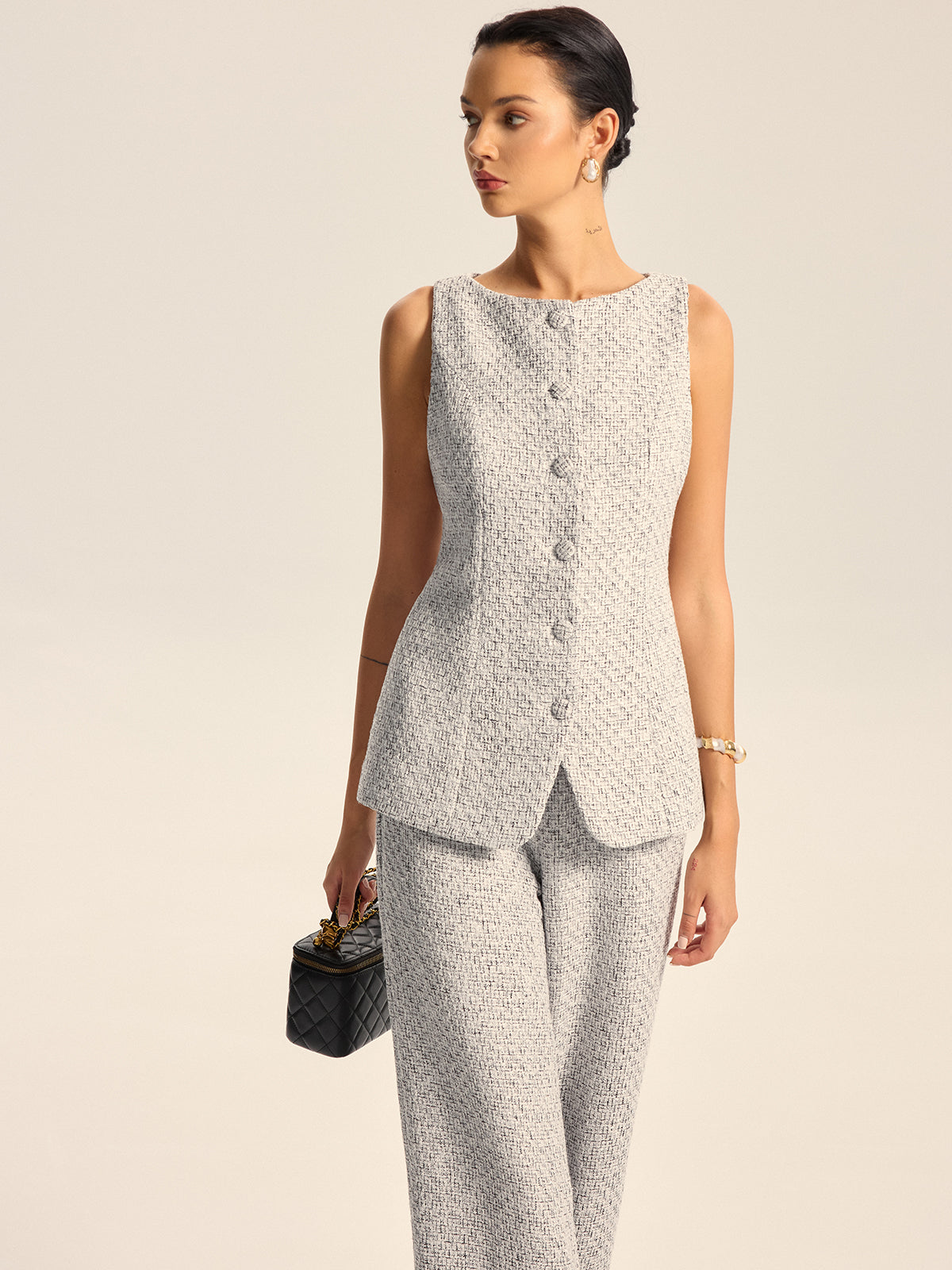Dokulu Tweed Düğmeli Yelek