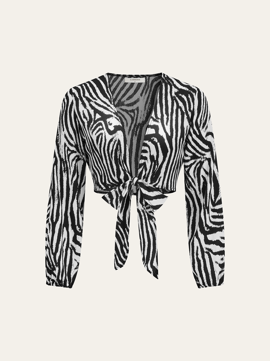 Zebra Desenli Önden Bağlamalı Üst
