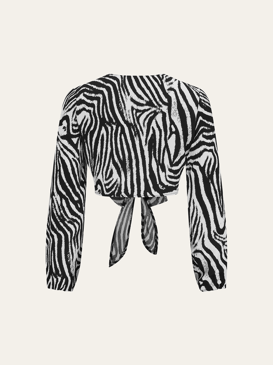 Zebra Desenli Önden Bağlamalı Üst