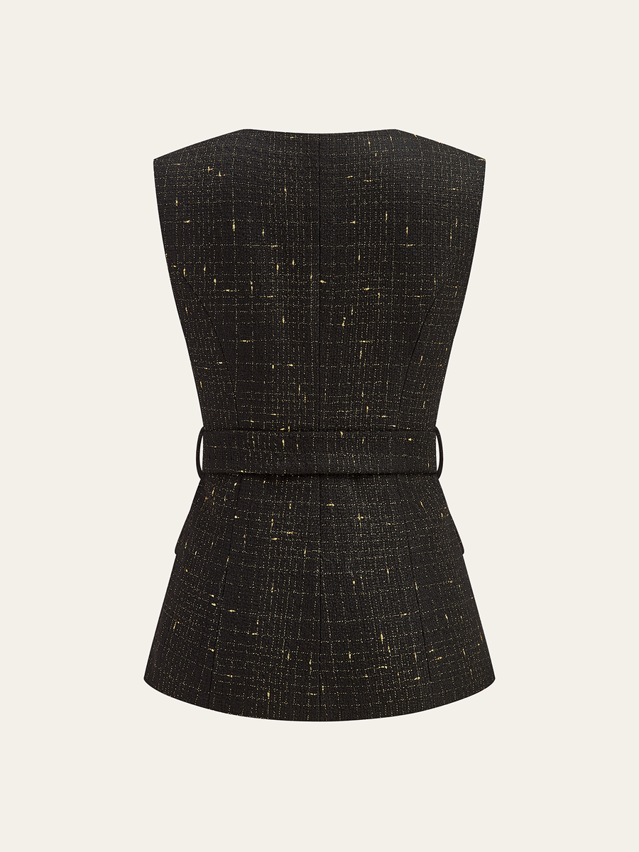 Tweed Kemerli Kolsuz Yelek