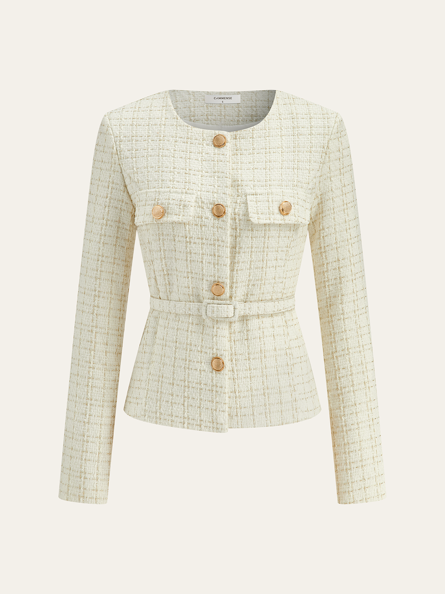 Metal Düğmeli Tweed Kemerli Blazer