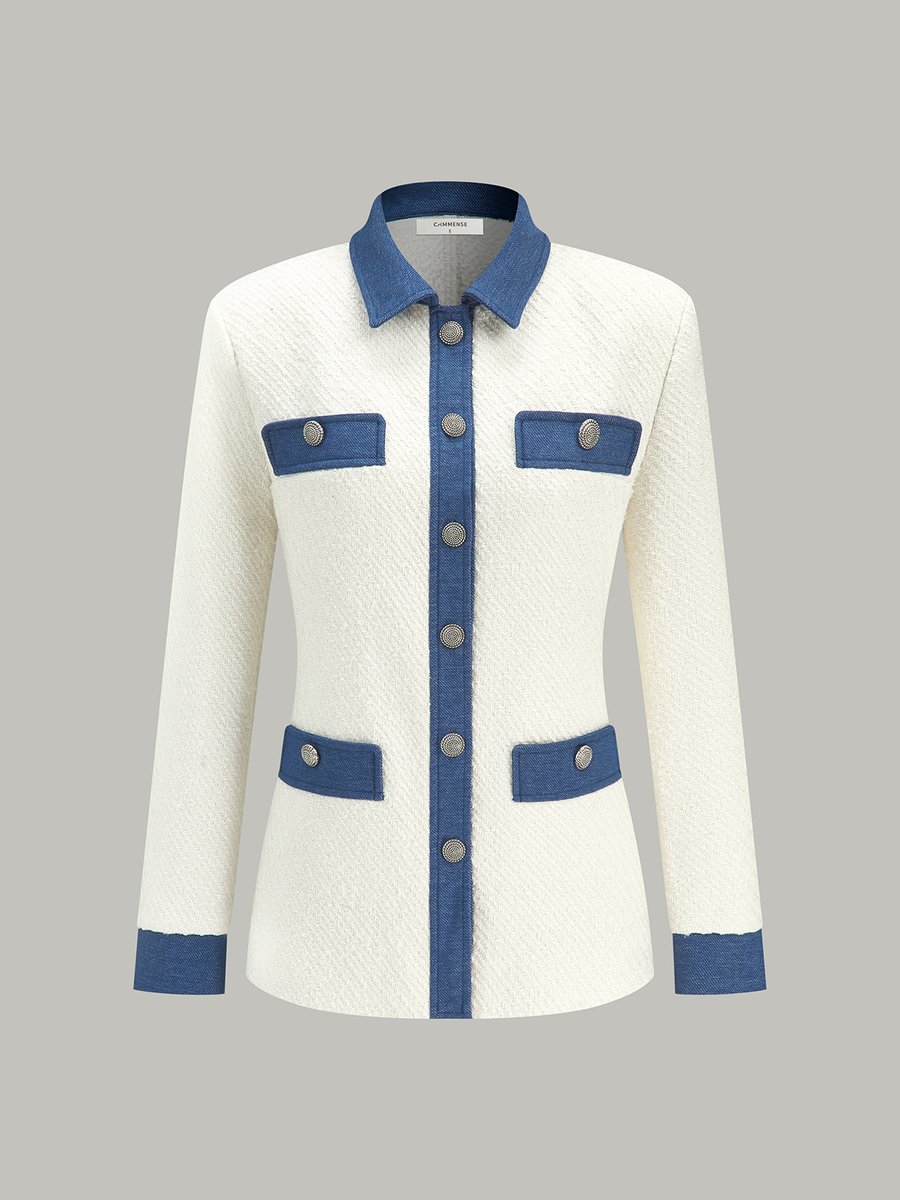 Metal Düğmeli Kontrast Kesimli Tweed Ceket