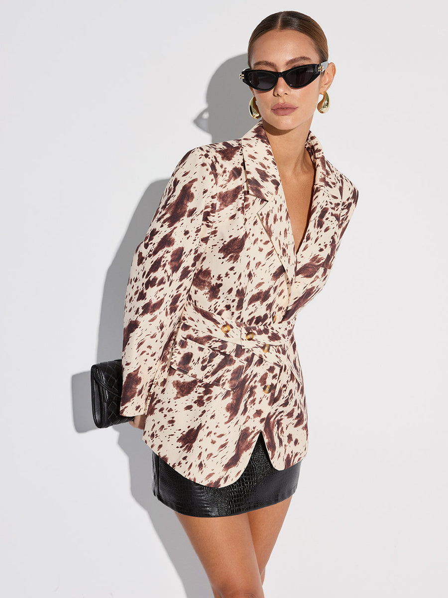 İnek Desenli Kemerli Blazer