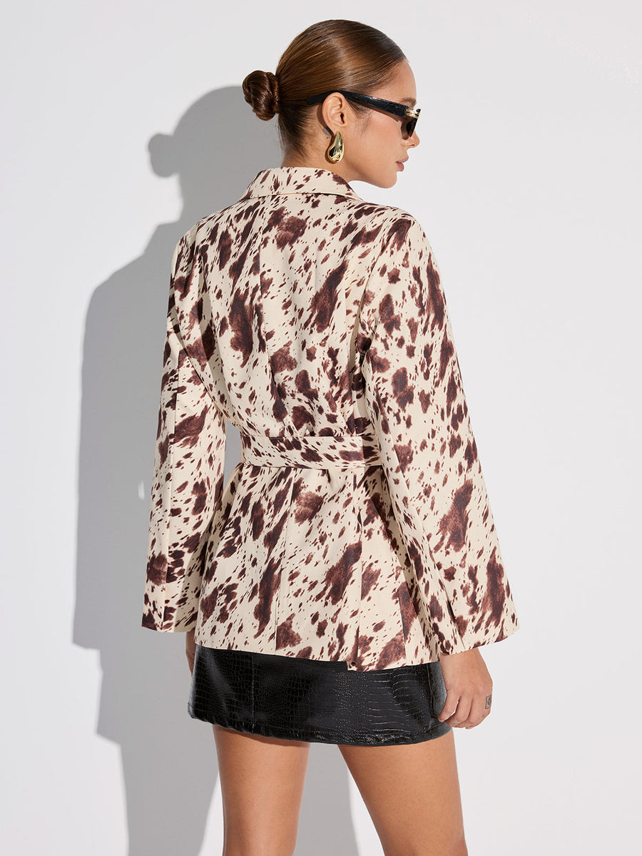 İnek Desenli Kemerli Blazer