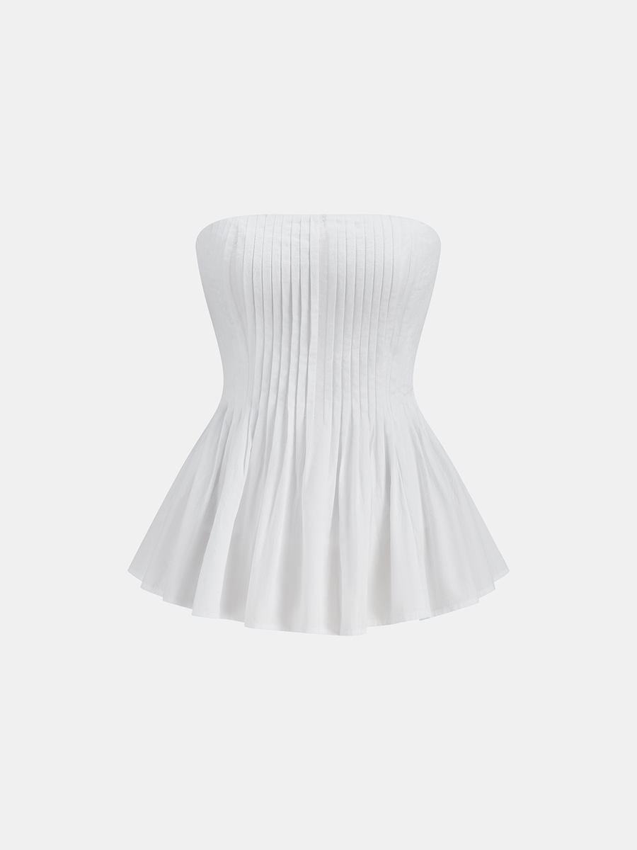 Pamuklu Pileli Straplez Peplum Üst