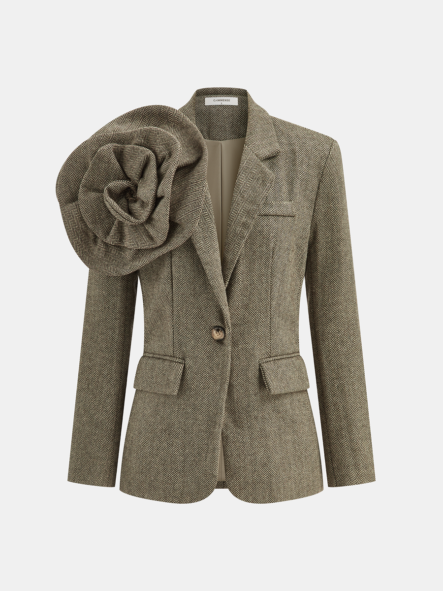 Büyük 3D Çiçekli Tek Düğmeli Tweed Blazer