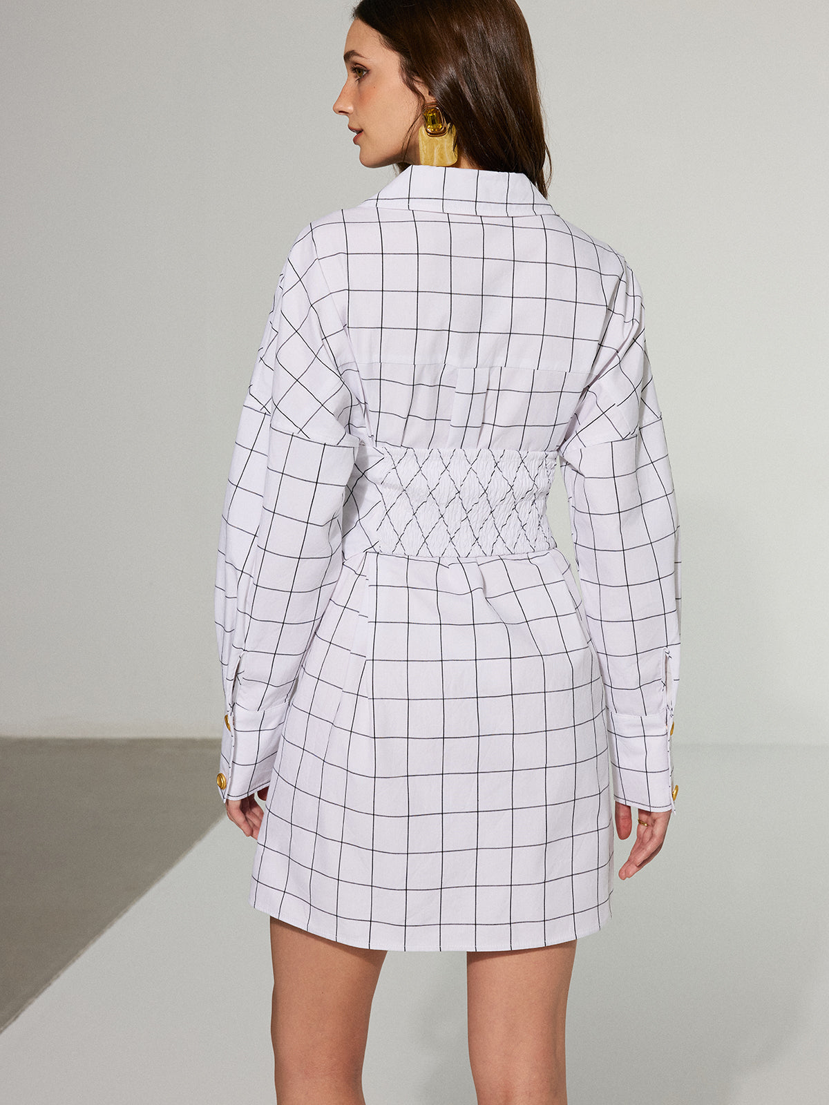 Metal Düğmeli Ekoseli Pamuklu Gömlek Elbise