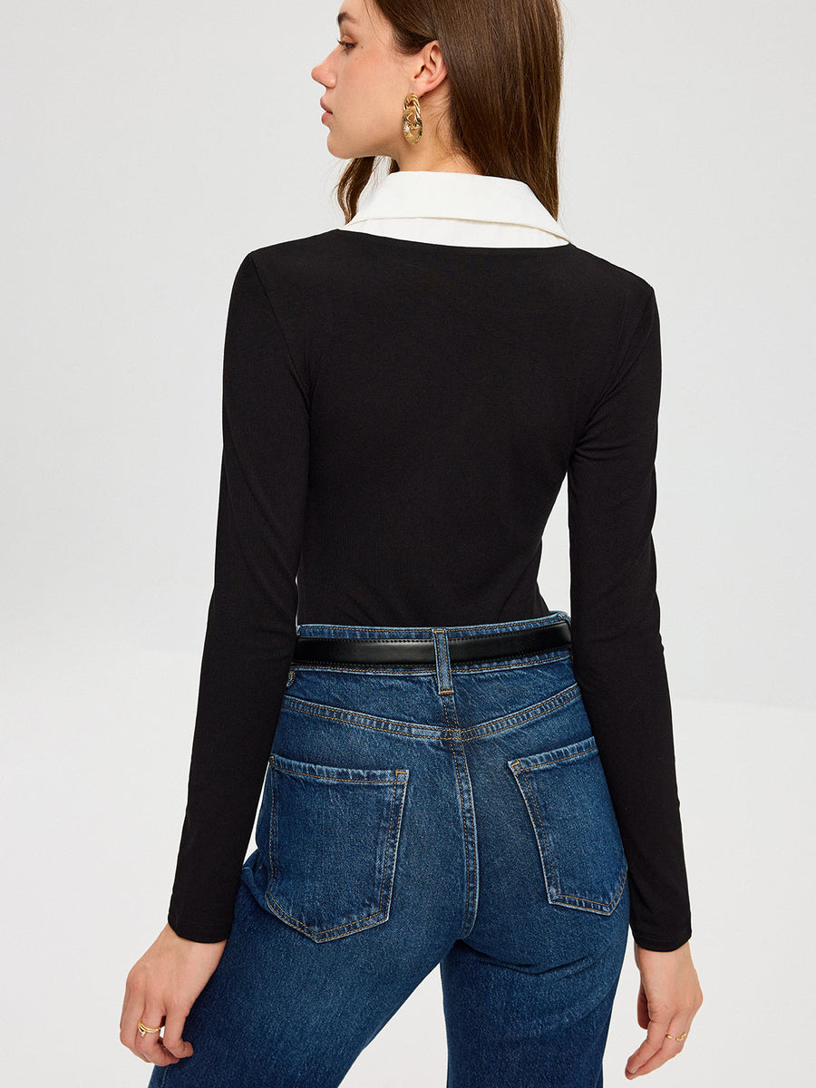 Yüksek Esneklikli Kontrastlı Gömlek Yaka Örgü Body