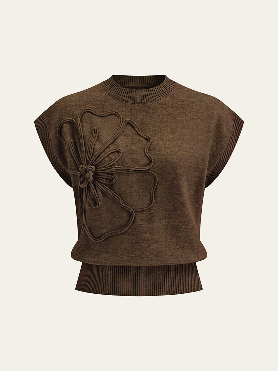 Çiçek Aplikeli Kısa Kollu Örgü Üst