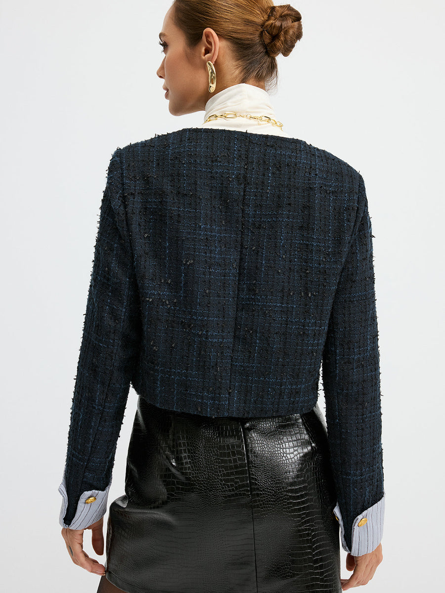 Tweed Manşetli Kollu Kısa Yün Karışımlı Ceket
