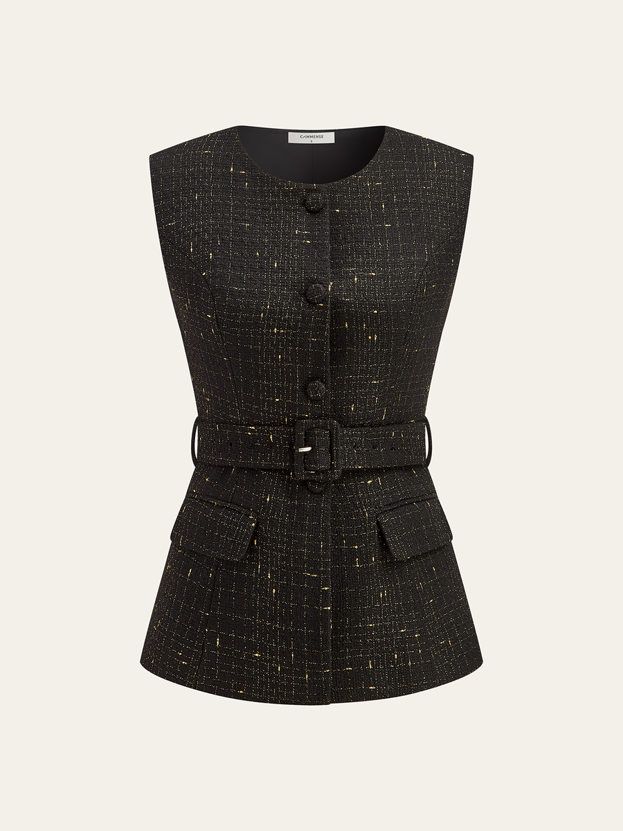 Tweed Kemerli Kolsuz Yelek