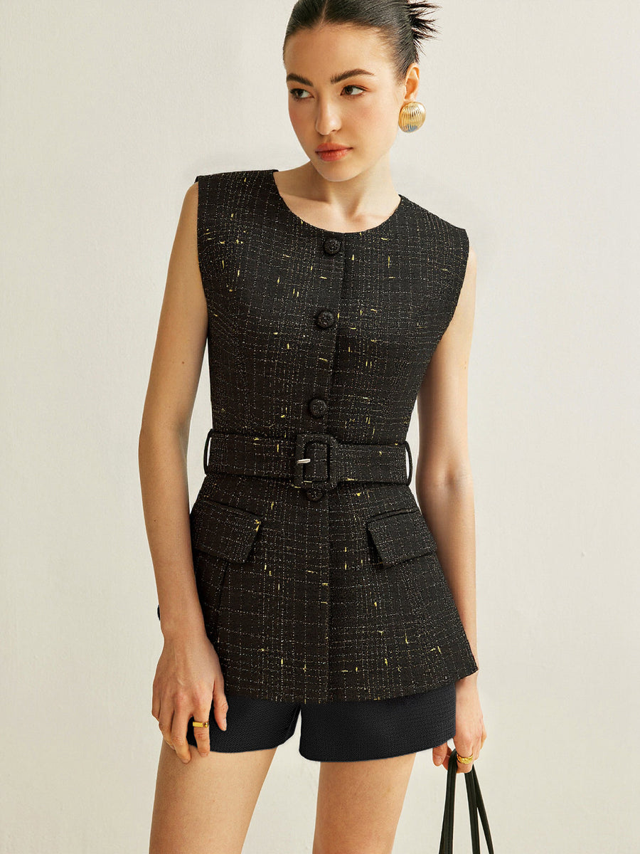 Tweed Kemerli Kolsuz Yelek