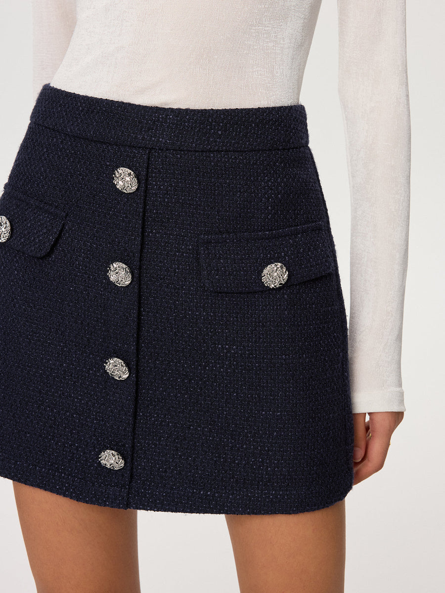 Metal Düğmeli Tweed Mini Etek